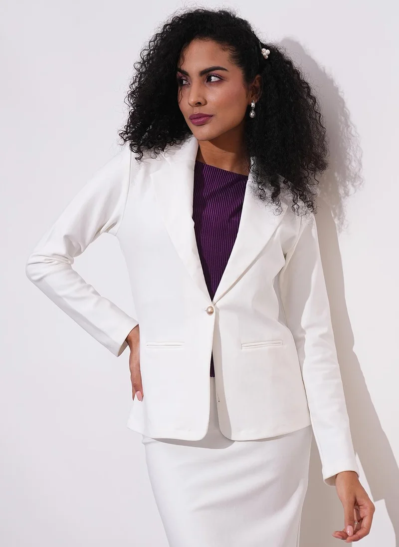 globus Globus Women Notch Lapel Long Sleeves Stretchable Curved Hem Open Front Workwear Blazer Jacket